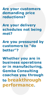 Are your customers demanding price reductions? Are your delivery schedules not being met? Are you pressured to do better? Whether you are in business operations or in manufacturing, Gemba Consulting coaches you through to breakthrough performance!